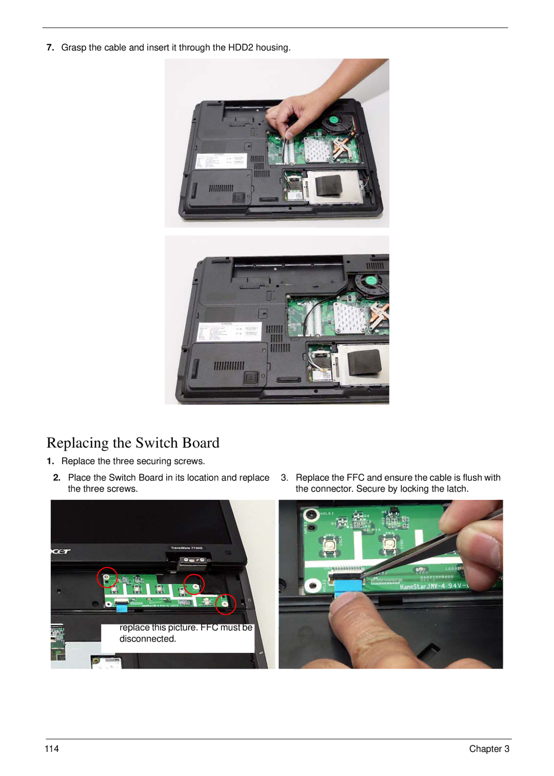 Acer 7230 manual Replacing the Switch Board 