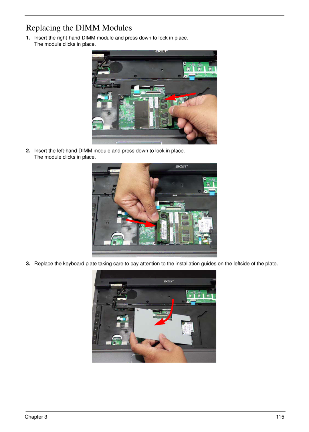 Acer 7230 manual Replacing the Dimm Modules 