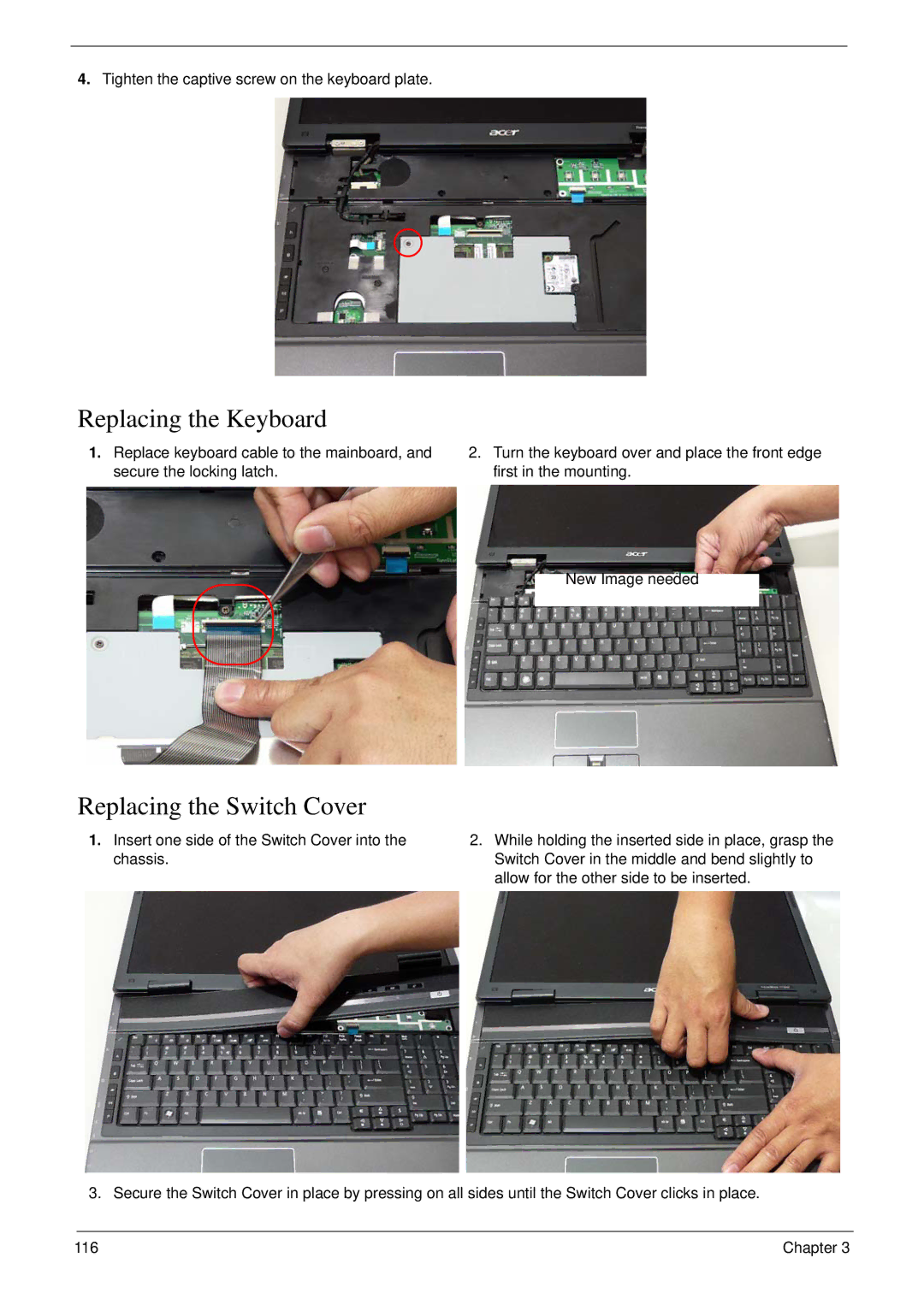 Acer 7230 manual Replacing the Keyboard, Replacing the Switch Cover 