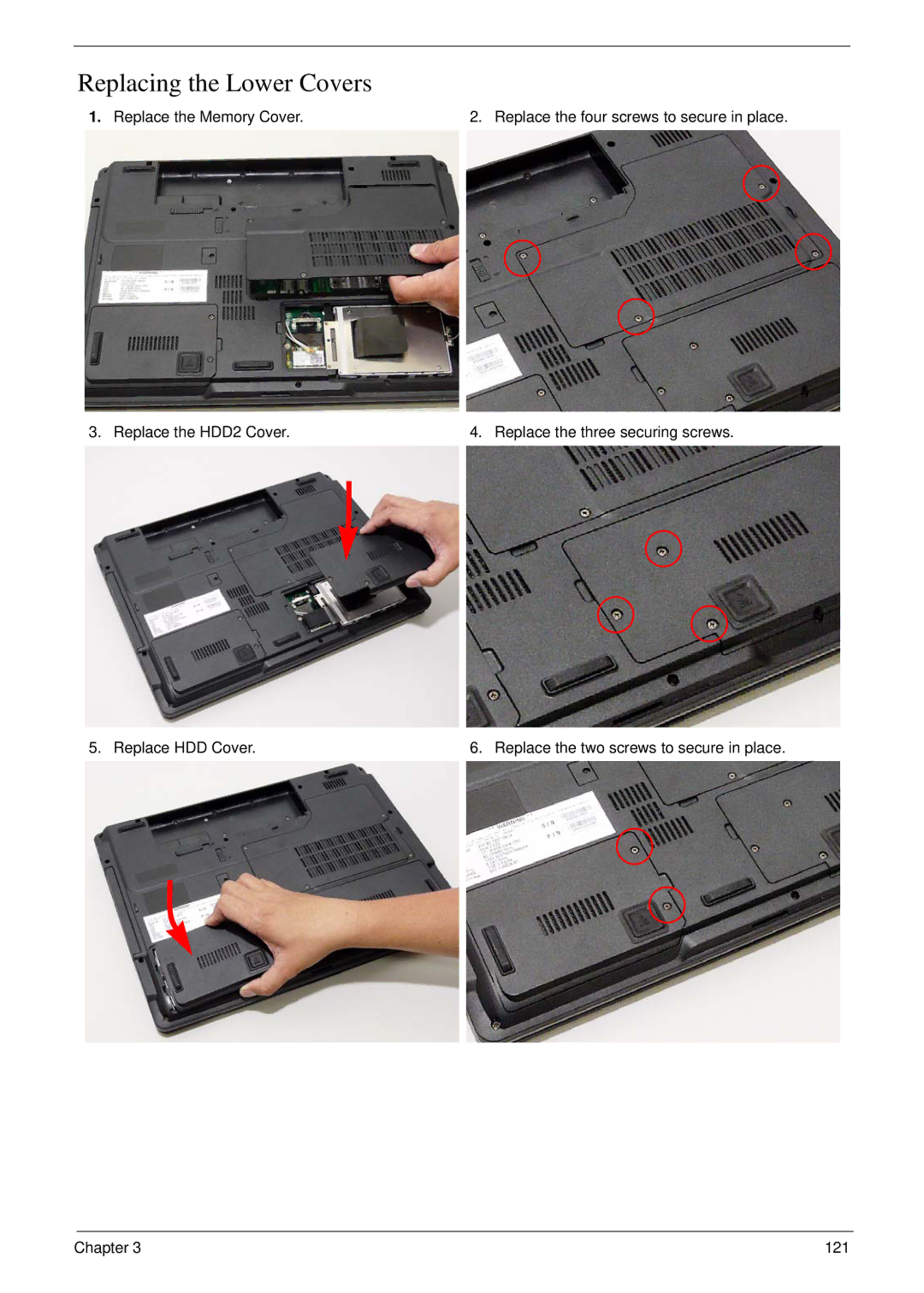 Acer 7230 manual Replacing the Lower Covers 