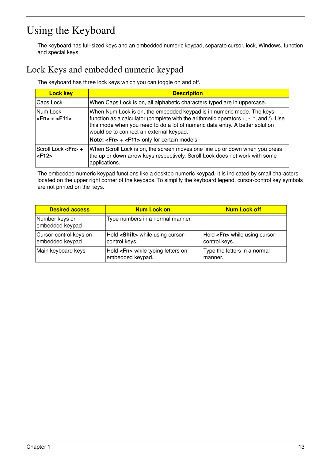 Acer 7230 manual Using the Keyboard, Lock Keys and embedded numeric keypad 