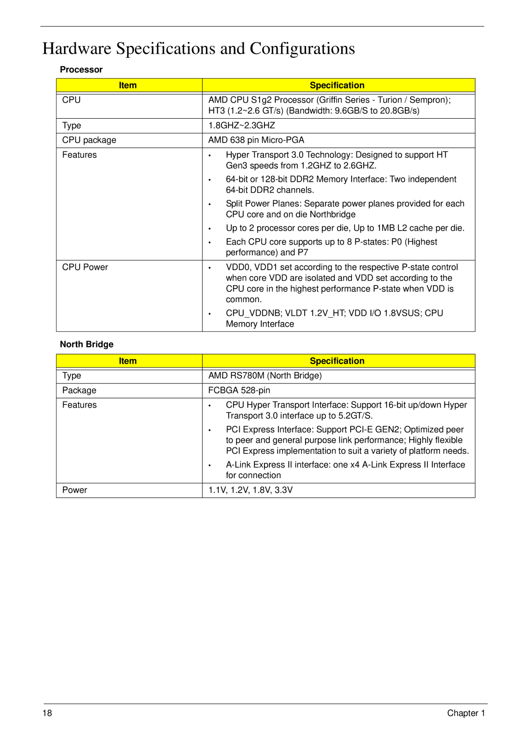 Acer 7230 manual Hardware Specifications and Configurations, Processor Specification, Cpu, North Bridge Specification 