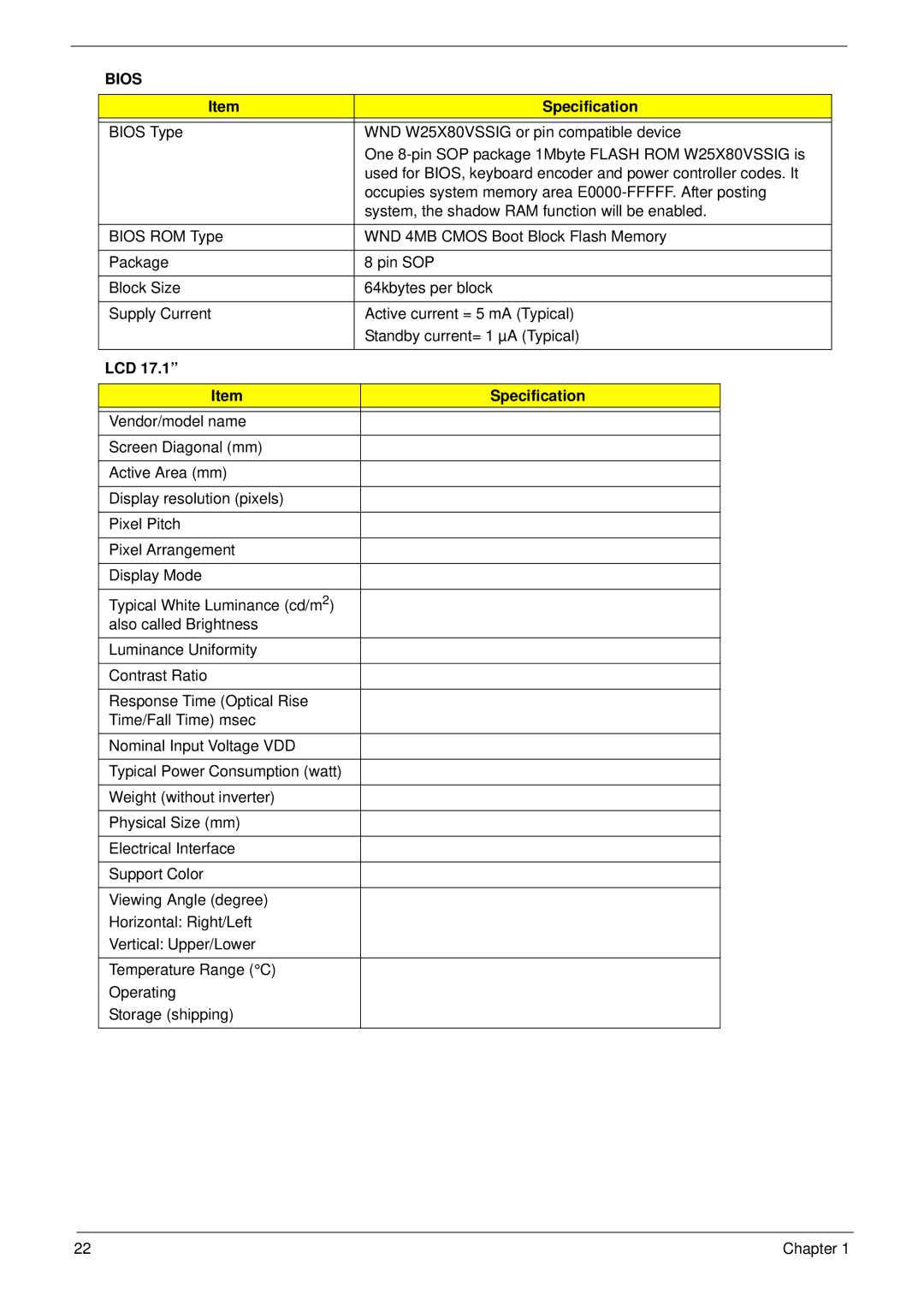 Acer 7230 manual Bios, LCD Specification 