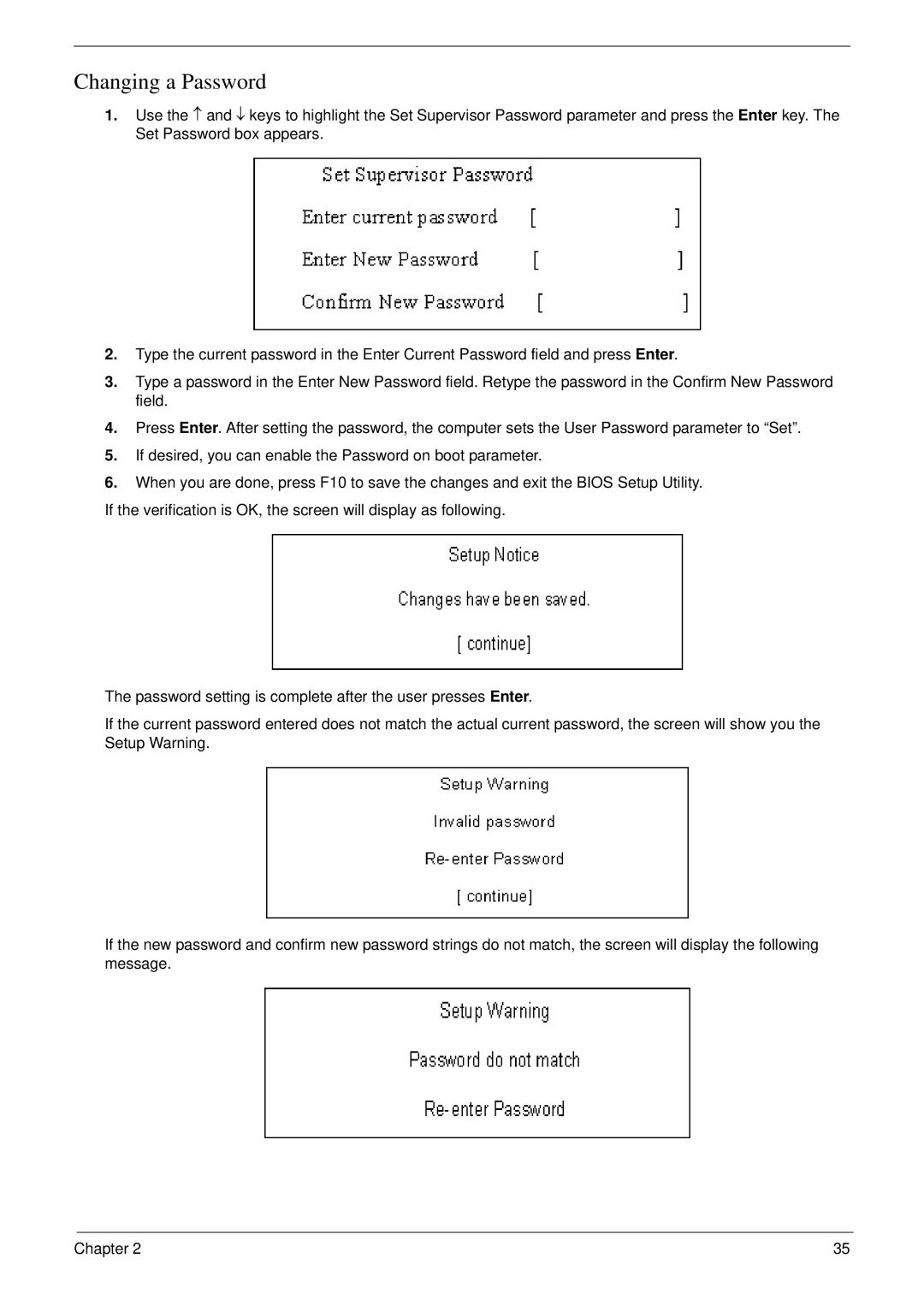 Acer 7230 manual Changing a Password 