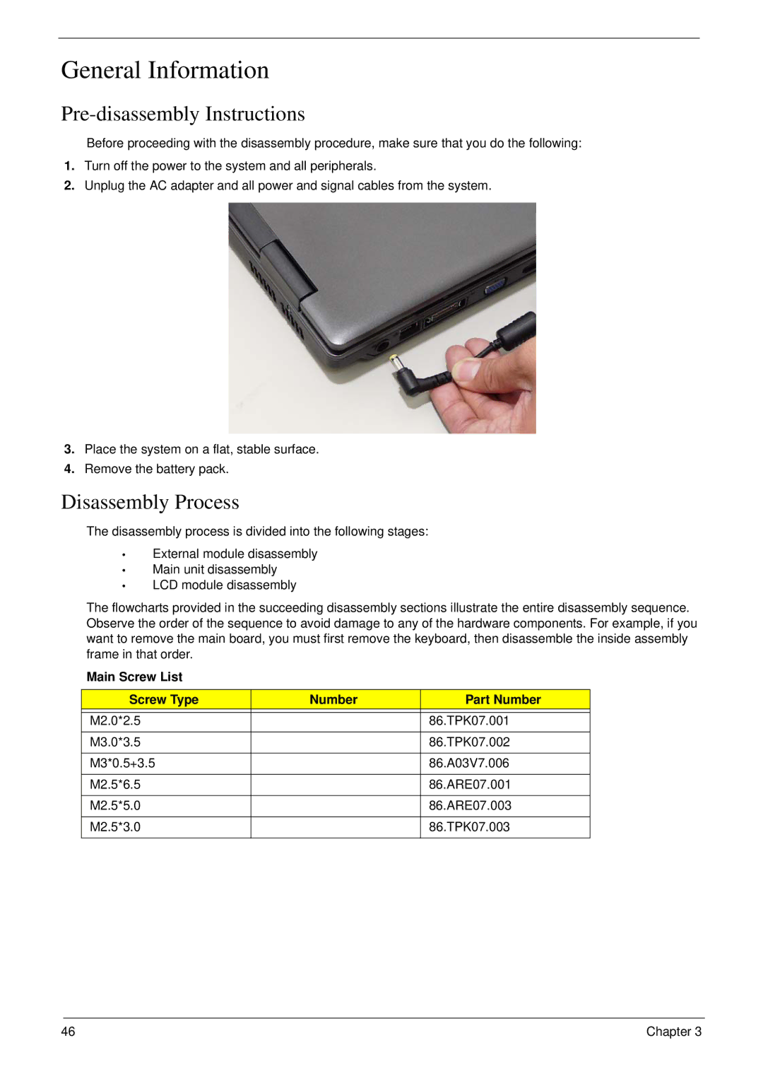 Acer 7230 manual General Information, Pre-disassembly Instructions, Disassembly Process 