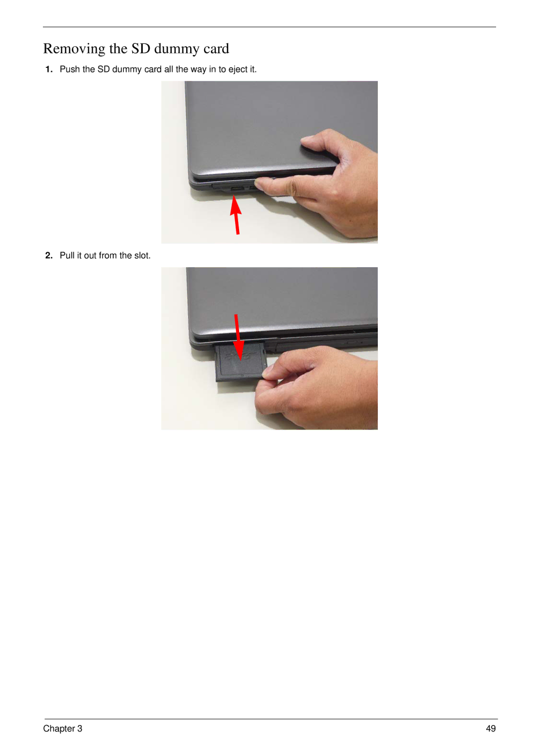 Acer 7230 manual Removing the SD dummy card 