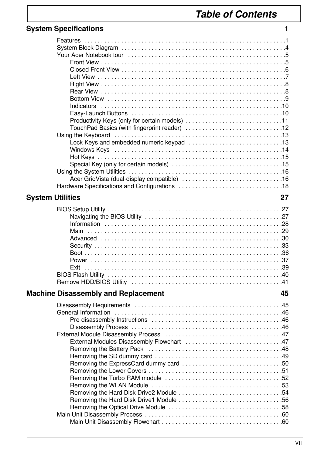 Acer 7230 manual Table of Contents 