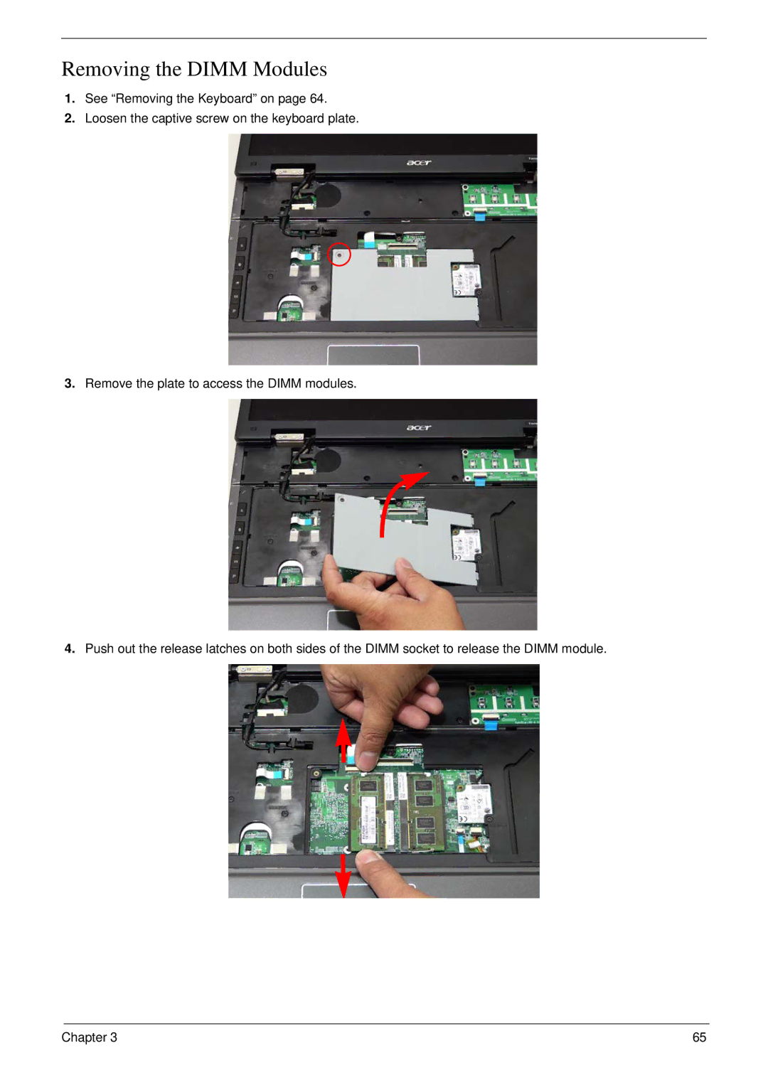 Acer 7230 manual Removing the Dimm Modules 