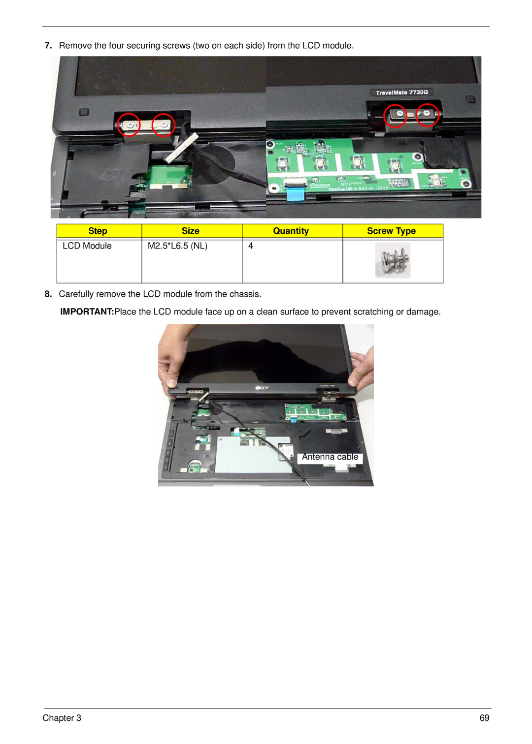 Acer 7230 manual Step Size Quantity Screw Type LCD Module M2.5*L6.5 NL 