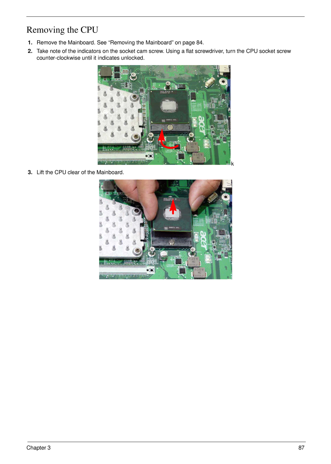 Acer 7230 manual Removing the CPU 