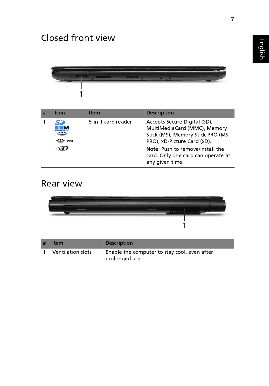 Acer 7535 Series, 7235 Series manual Closed front view, Rear view, # Icon Description 