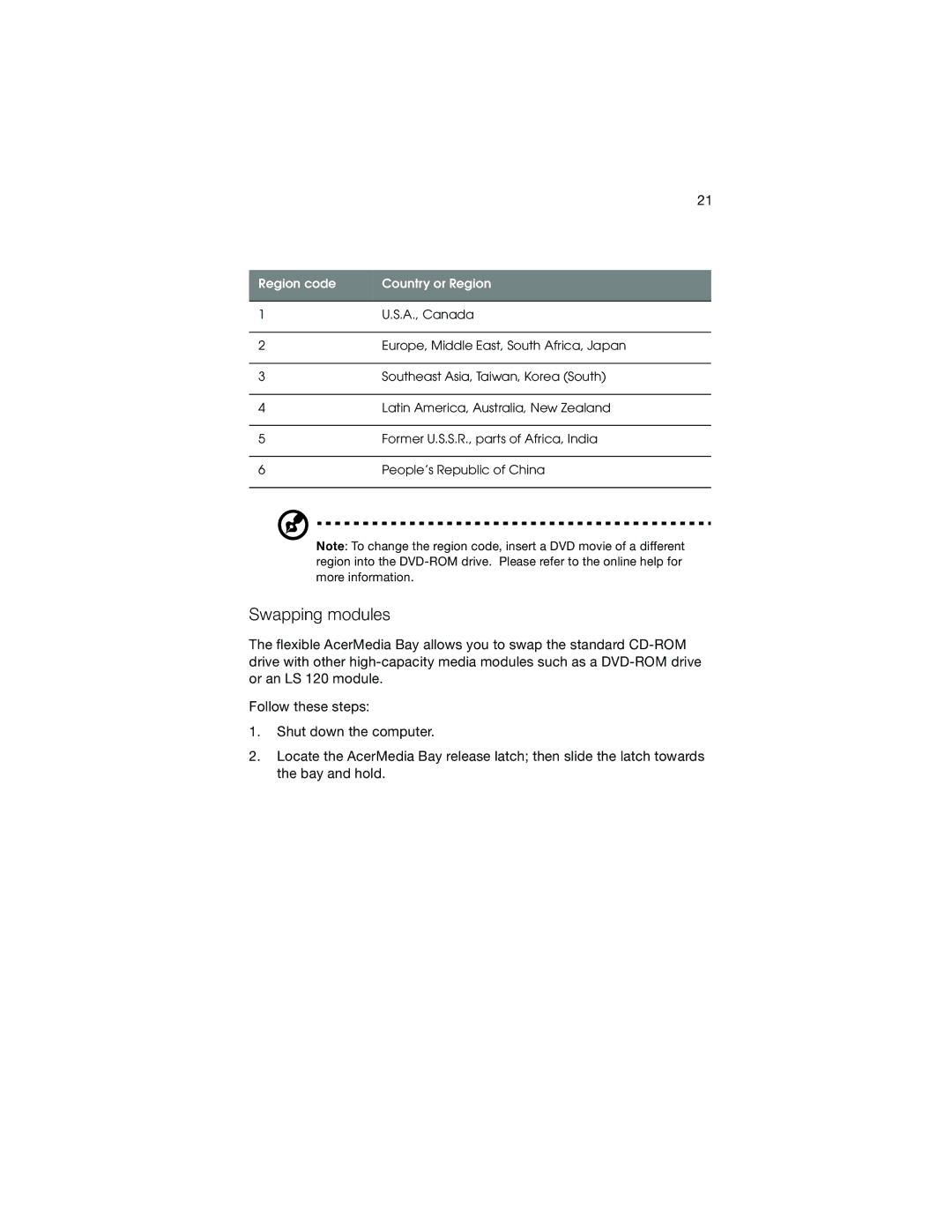 Acer 730 Series manual Region code Country or Region 