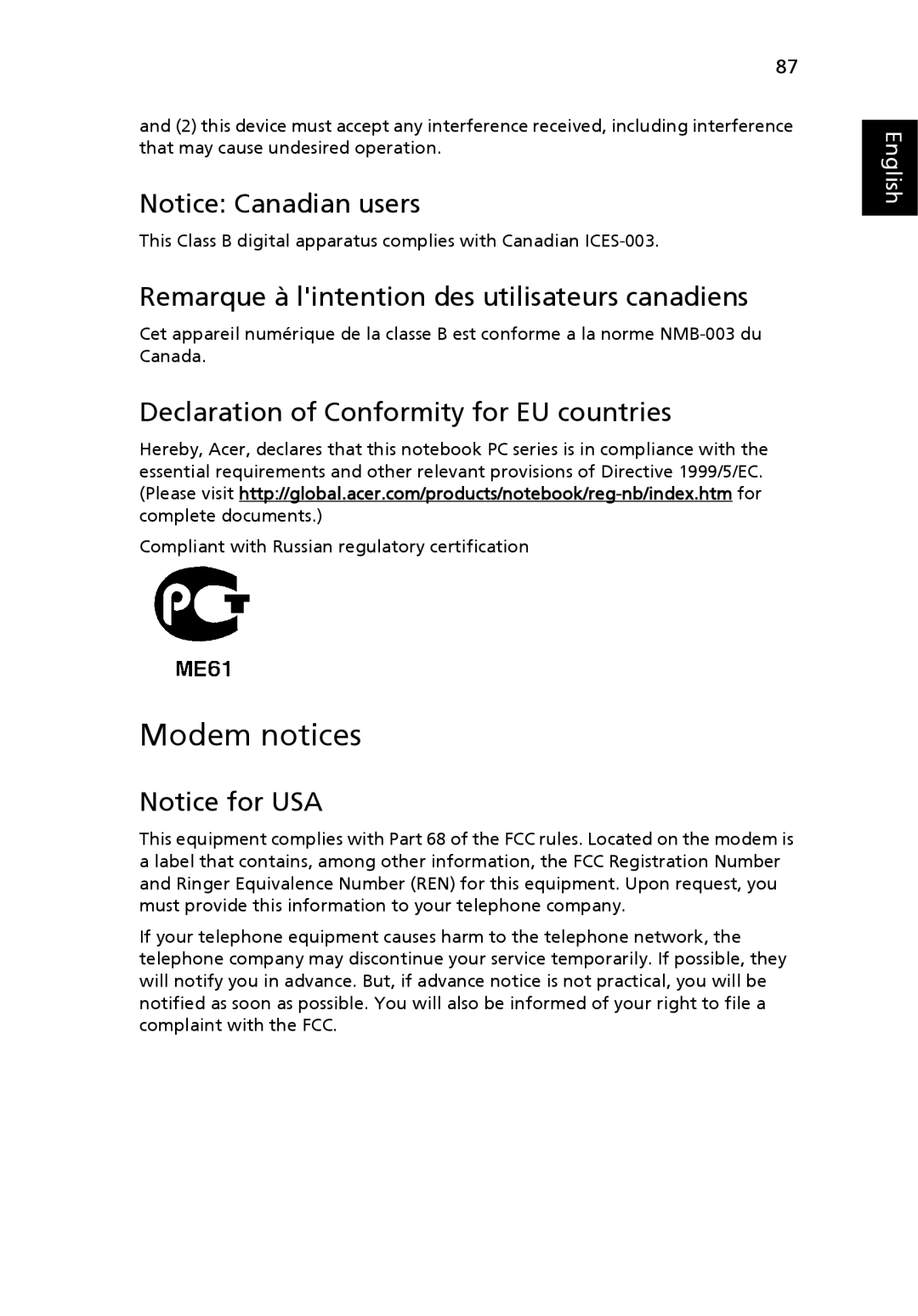 Acer 7320 Modem notices, Remarque à lintention des utilisateurs canadiens, Declaration of Conformity for EU countries 