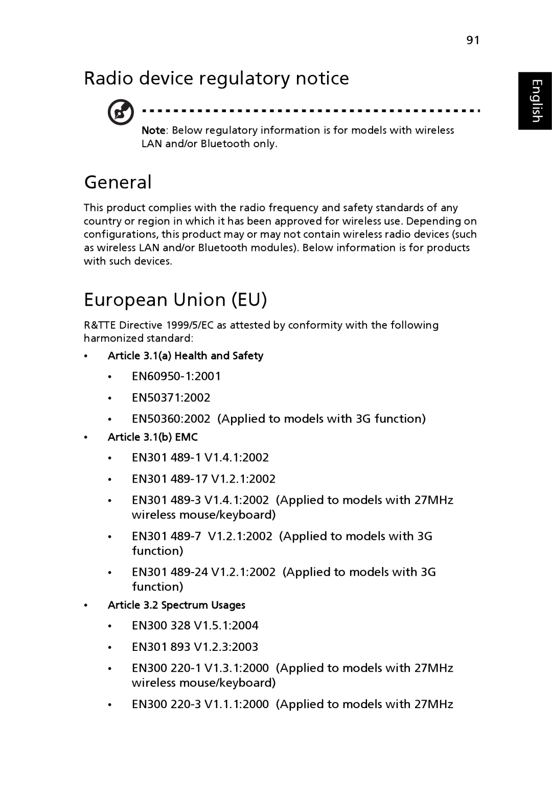 Acer 7720G Radio device regulatory notice General, European Union EU, Article 3.1a Health and Safety, Article 3.1b EMC 