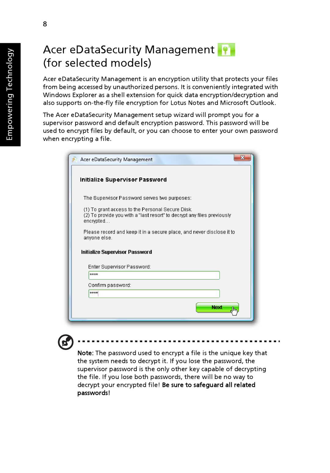 Acer 7720G, 7320, ICK70 manual Acer eDataSecurity Management for selected models 