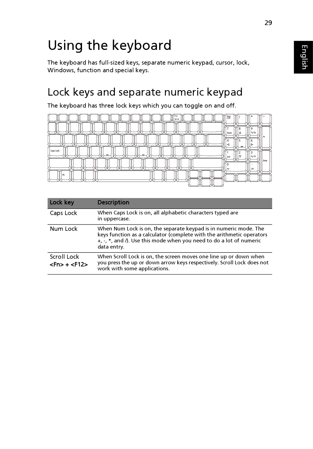 Acer ICK70, 7320, 7720G manual Using the keyboard, Lock keys and separate numeric keypad, Lock key Description, Fn + F12 