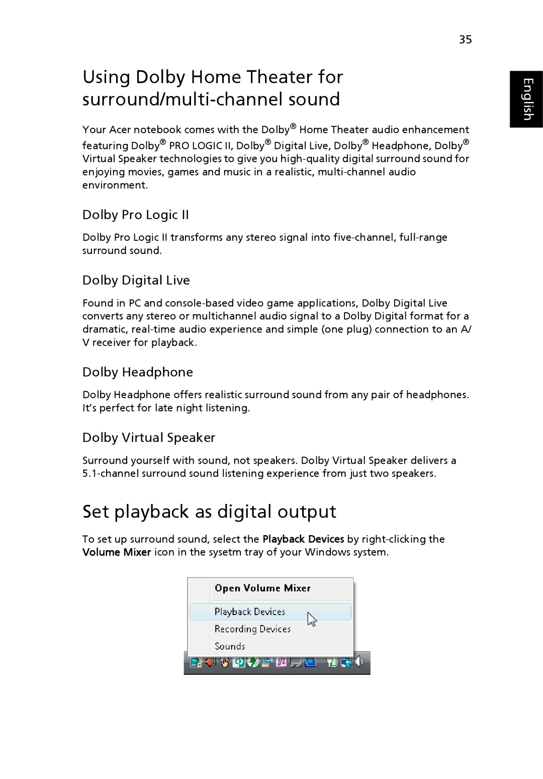 Acer ICK70, 7320, 7720G manual Using Dolby Home Theater for surround/multi-channel sound, Set playback as digital output 