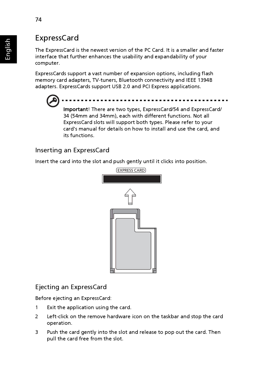 Acer ICK70, 7320, 7720G manual Inserting an ExpressCard, Ejecting an ExpressCard 