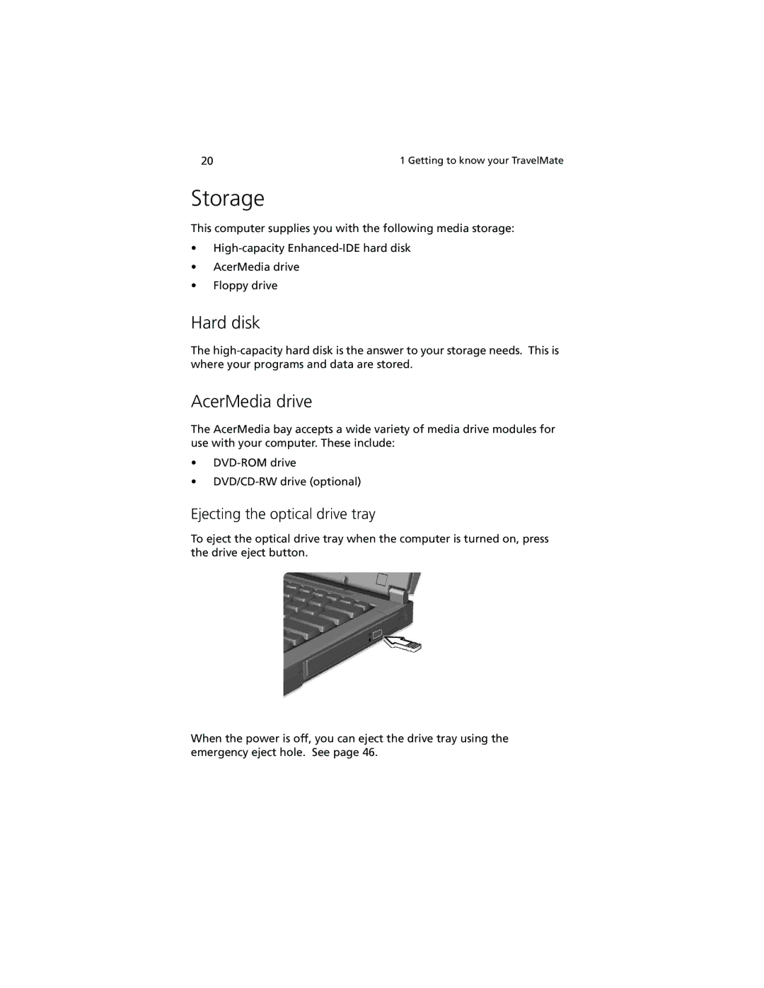 Acer 740 Series manual Storage, Hard disk, AcerMedia drive, Ejecting the optical drive tray 