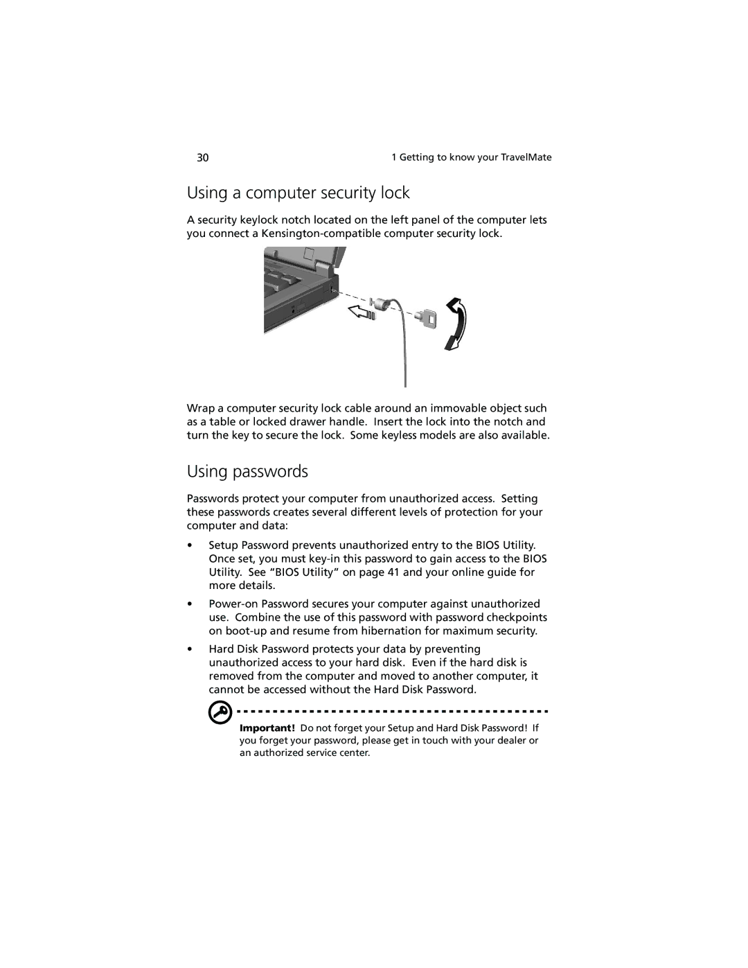 Acer 740 Series manual Using a computer security lock, Using passwords 