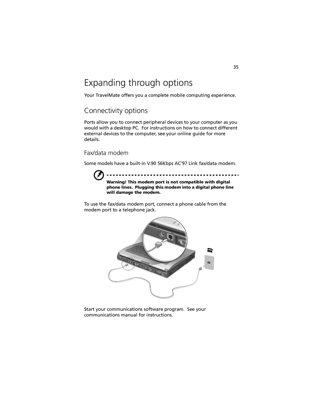 Acer 740 Series manual Expanding through options, Connectivity options, Fax/data modem 