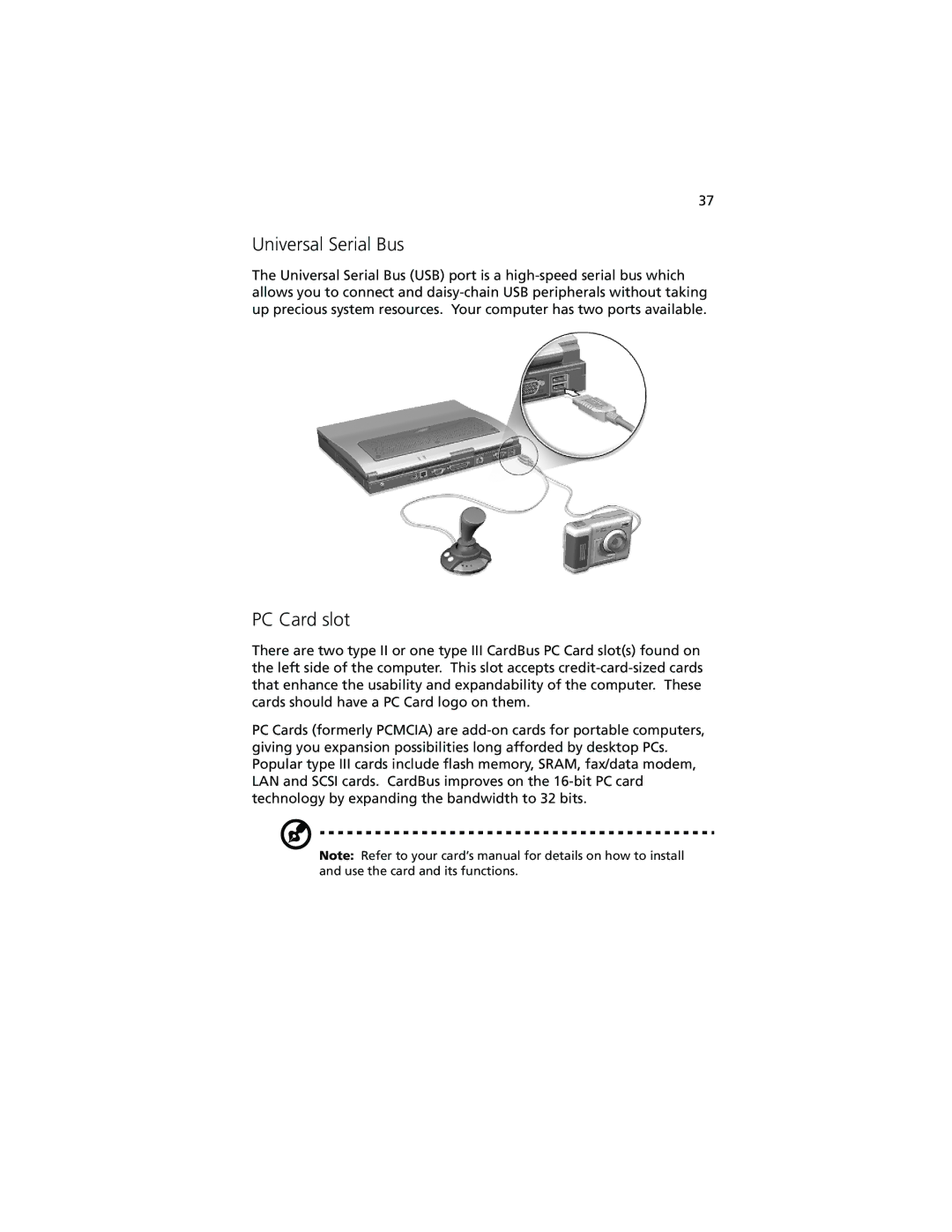 Acer 740 Series manual Universal Serial Bus, PC Card slot 