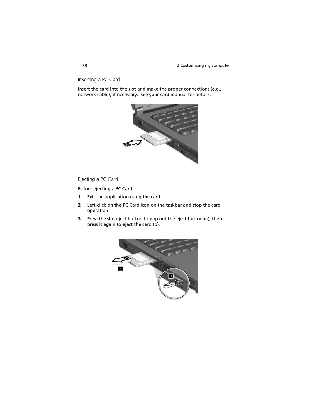 Acer 740 Series manual Inserting a PC Card, Ejecting a PC Card 