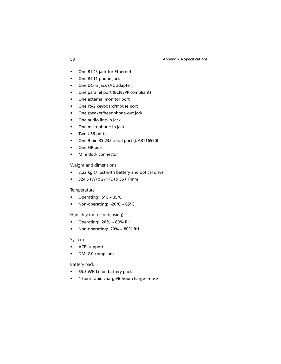 Acer 740 Series manual Weight and dimensions, Temperature, Humidity non-condensing, System, Battery pack 