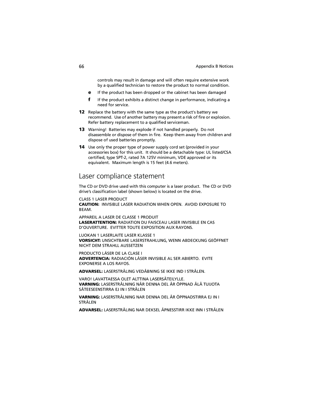 Acer 740 Series manual Laser compliance statement 