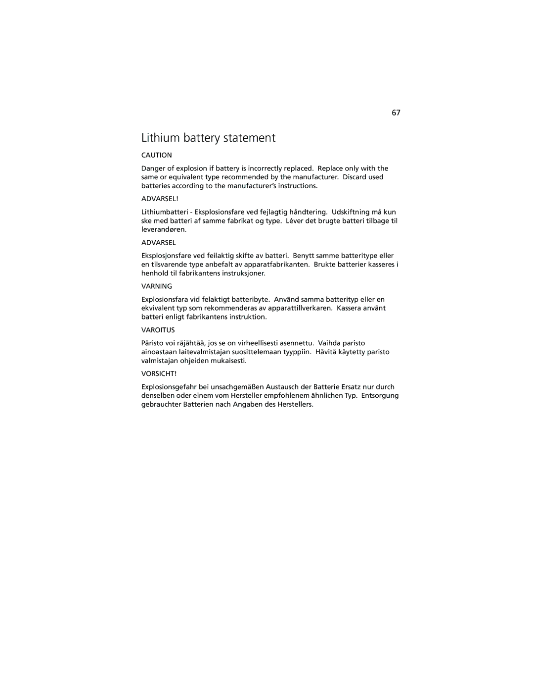 Acer 740 Series manual Lithium battery statement, Varning 