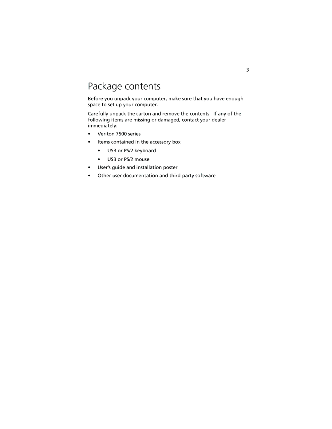 Acer 7500G manual Package contents 