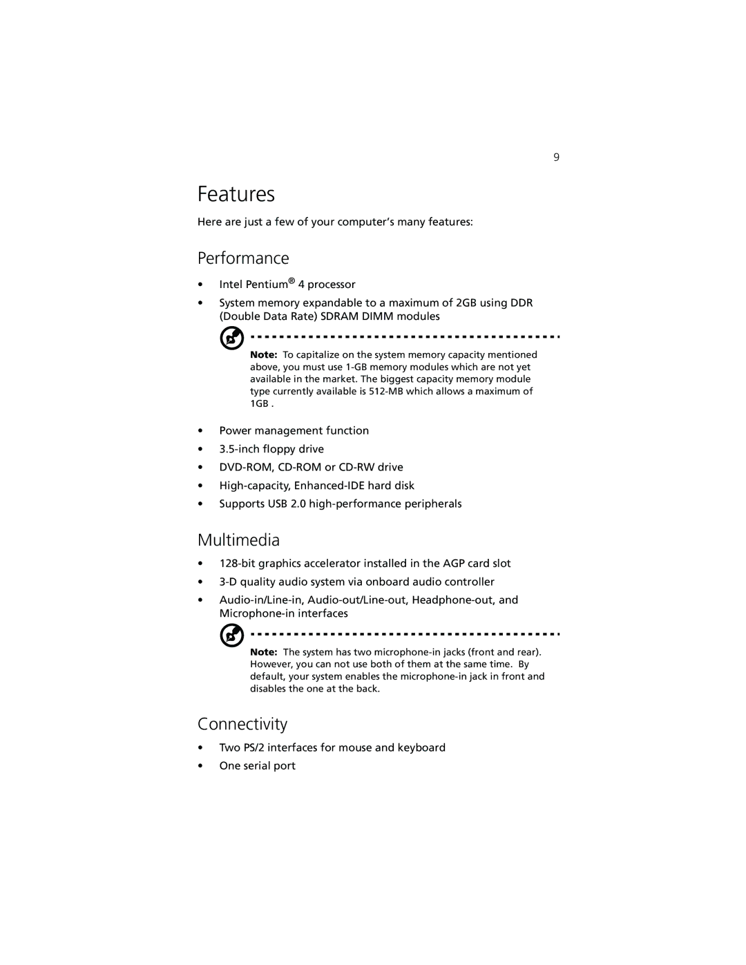 Acer 7500G manual Features, Performance, Multimedia, Connectivity 