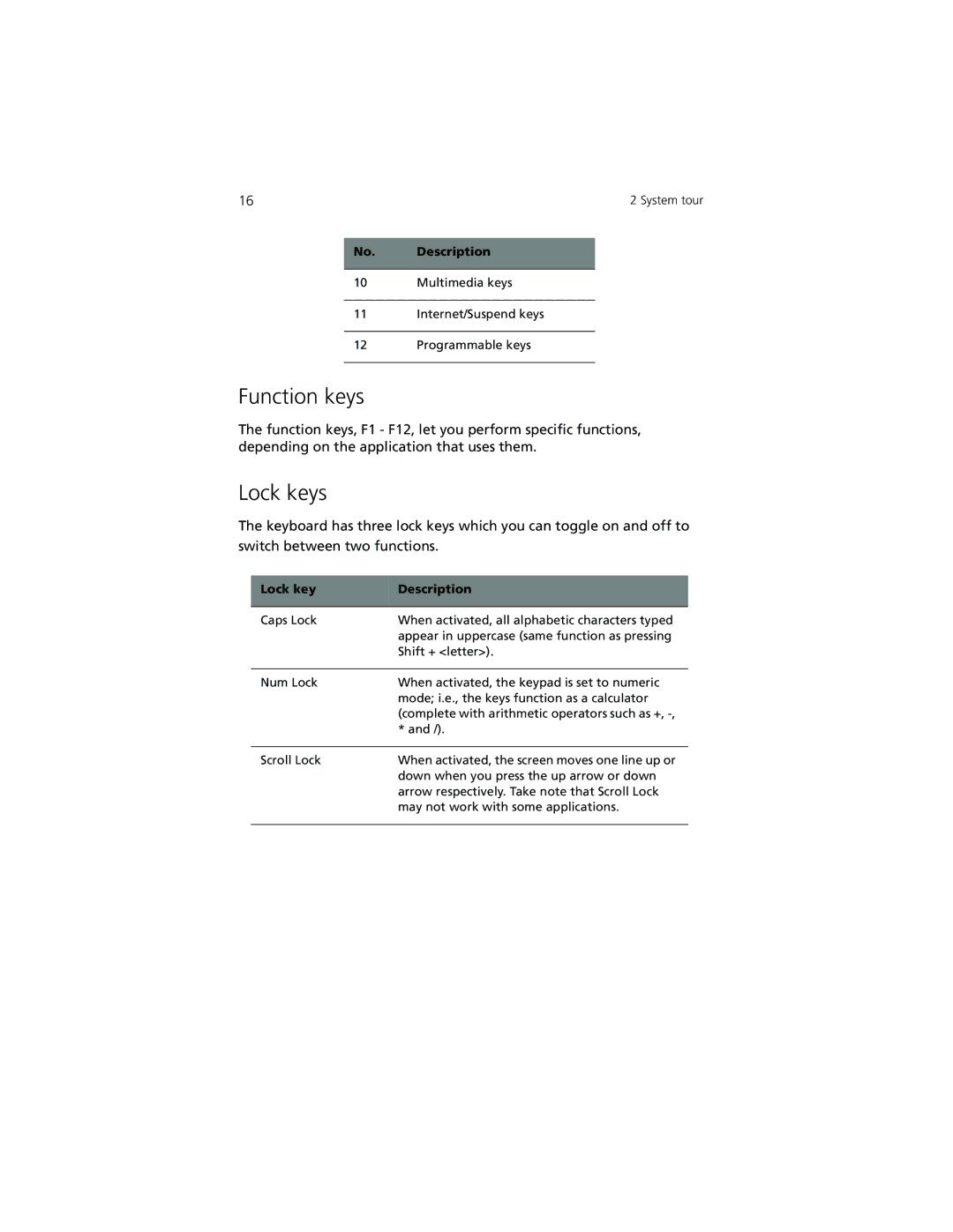 Acer 7500G manual Function keys, Lock keys 