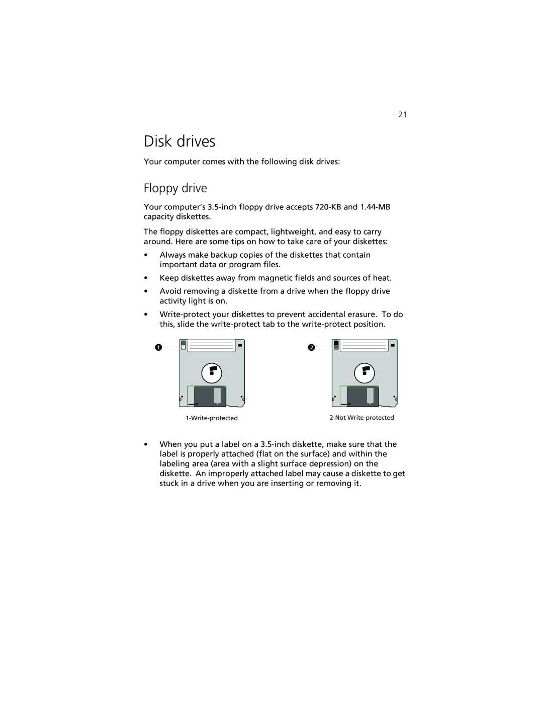 Acer 7500G manual Disk drives, Floppy drive 