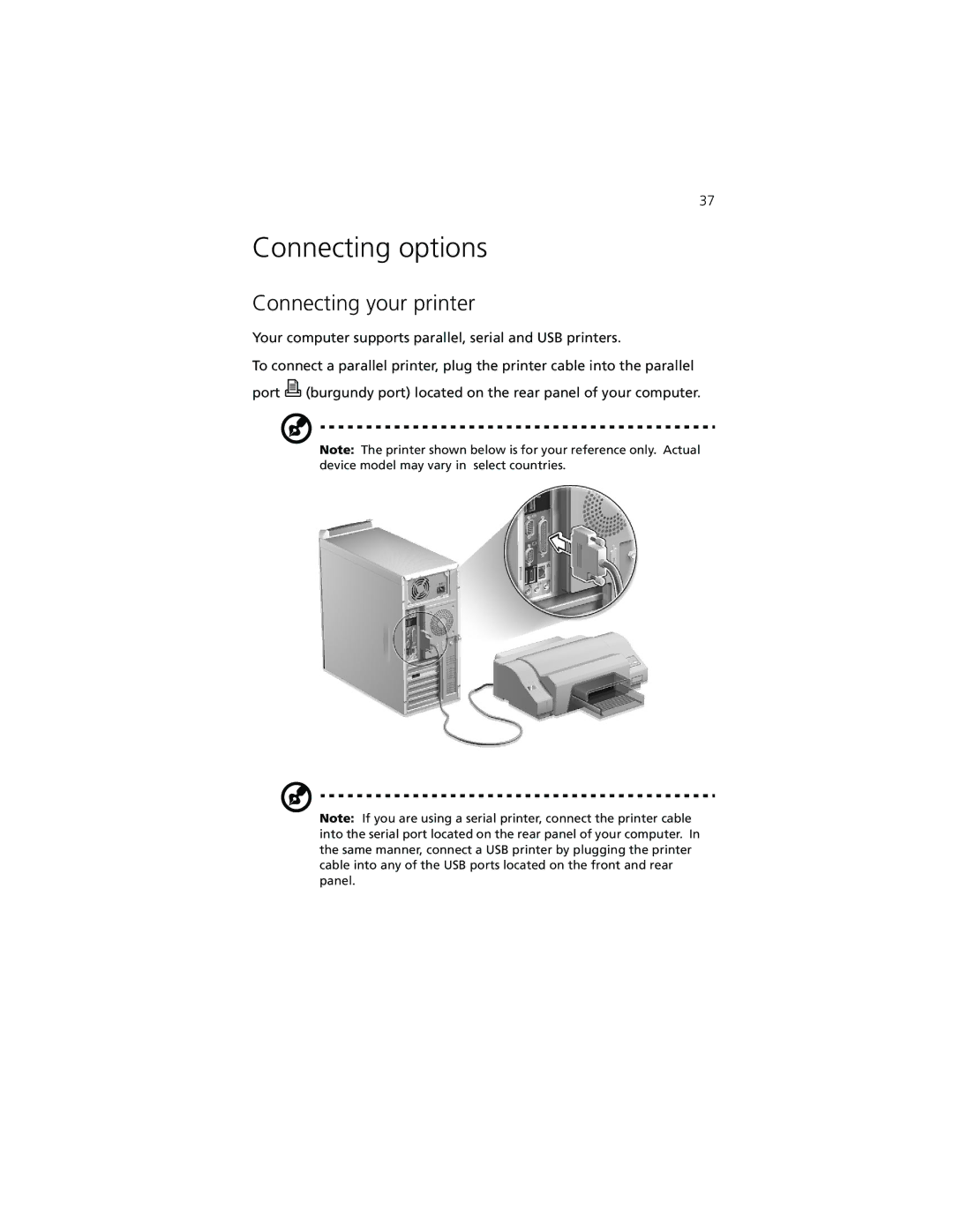 Acer 7500G manual Connecting options, Connecting your printer 