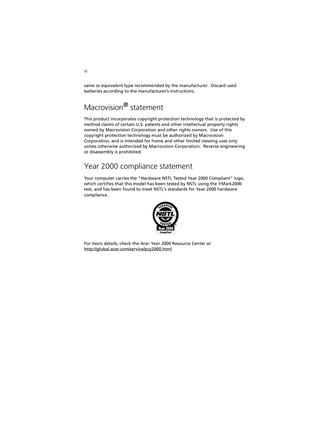 Acer 7500G manual Macrovision statement, Year 2000 compliance statement 