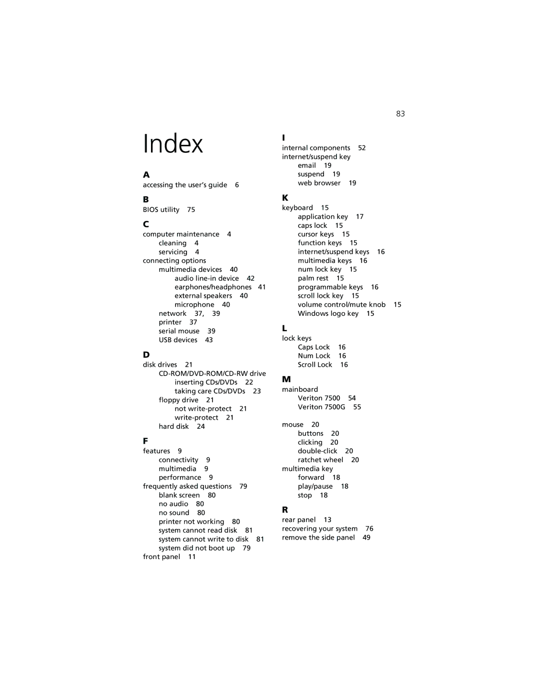 Acer 7500G manual Index 