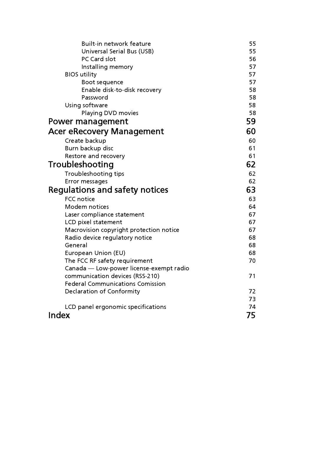 Acer 7510 manual Power management Acer eRecovery Management 