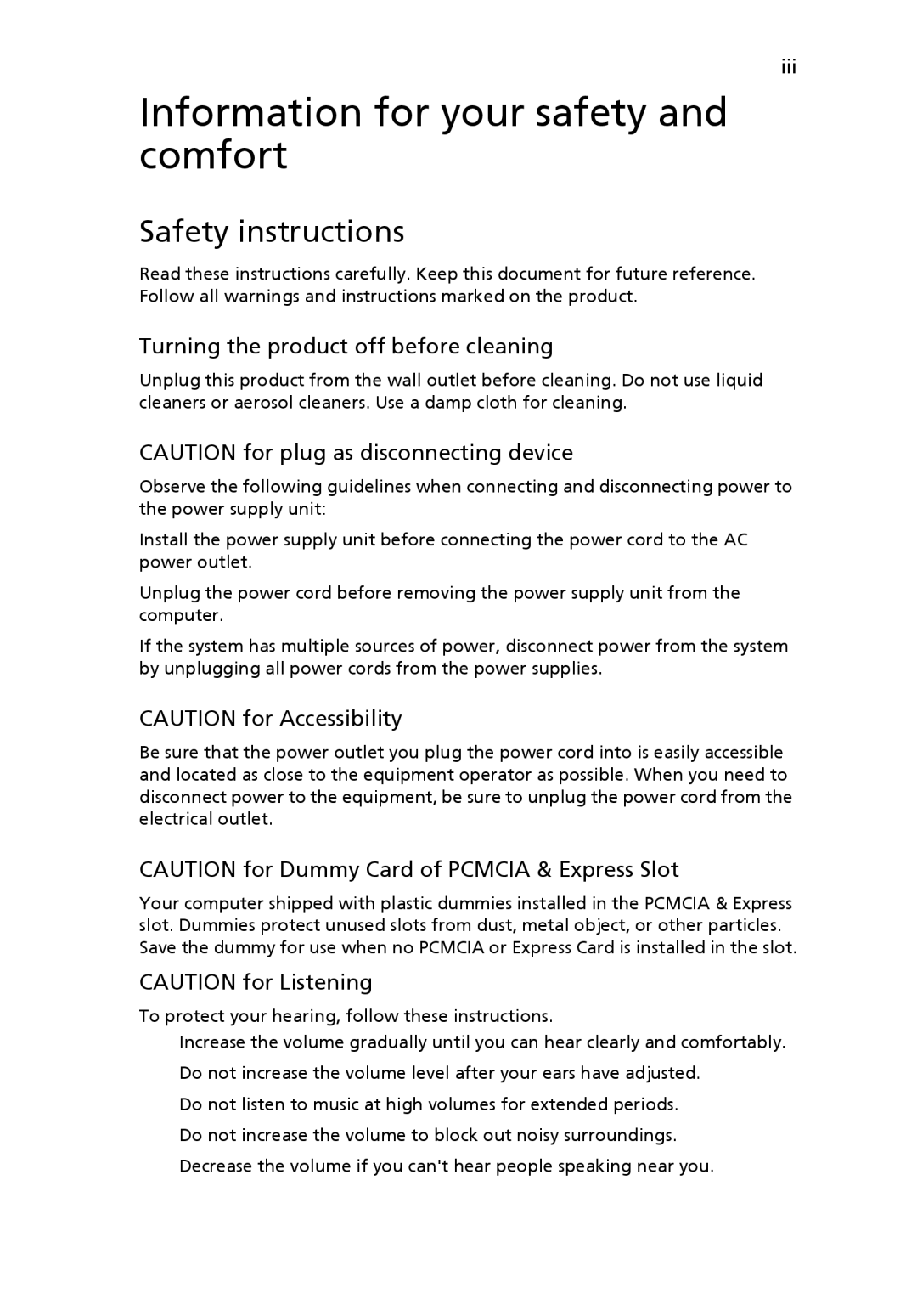 Acer 7510 manual Information for your safety and comfort, Safety instructions, Turning the product off before cleaning 