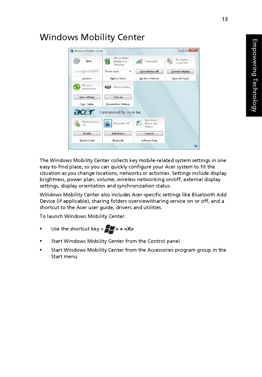 Acer 7510 manual Windows Mobility Center 