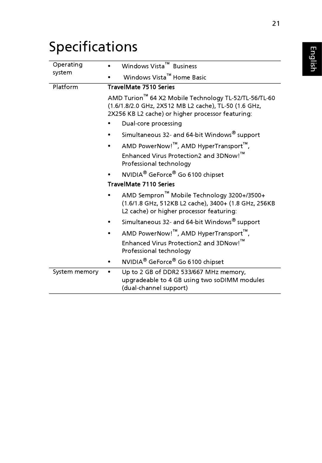 Acer manual Specifications, TravelMate 7510 Series, TravelMate 7110 Series 