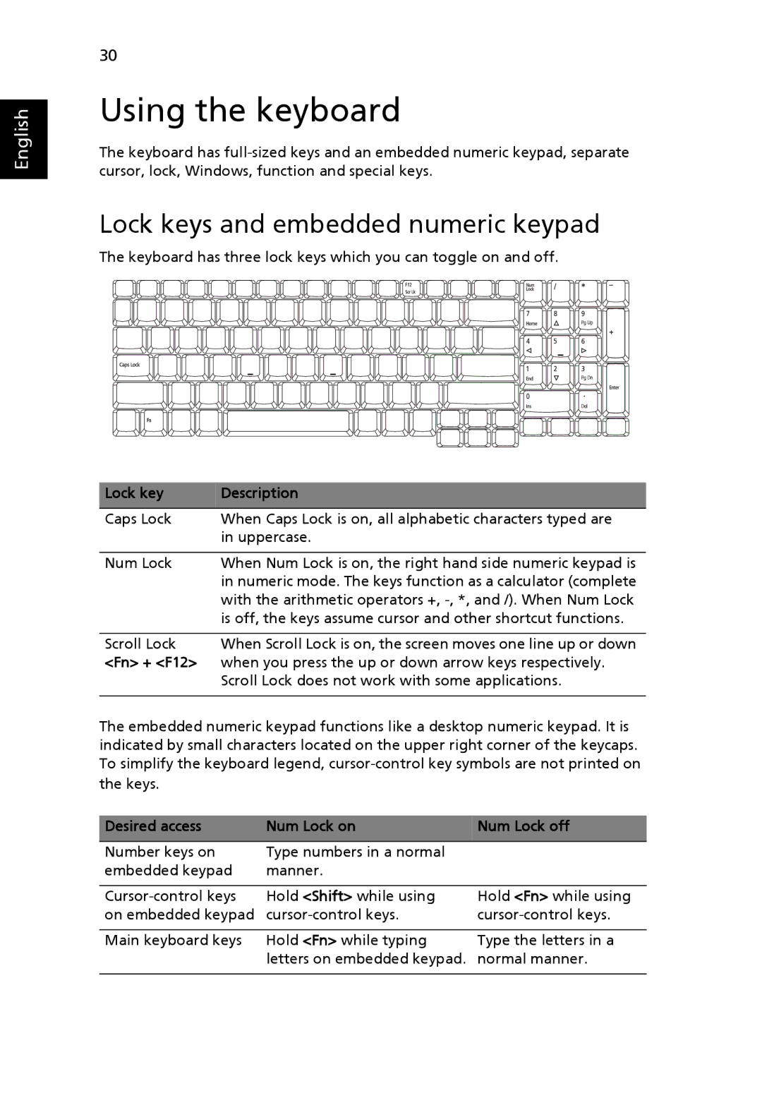 Acer 7510 manual Using the keyboard, Lock keys and embedded numeric keypad, Lock key Description, Fn + F12 