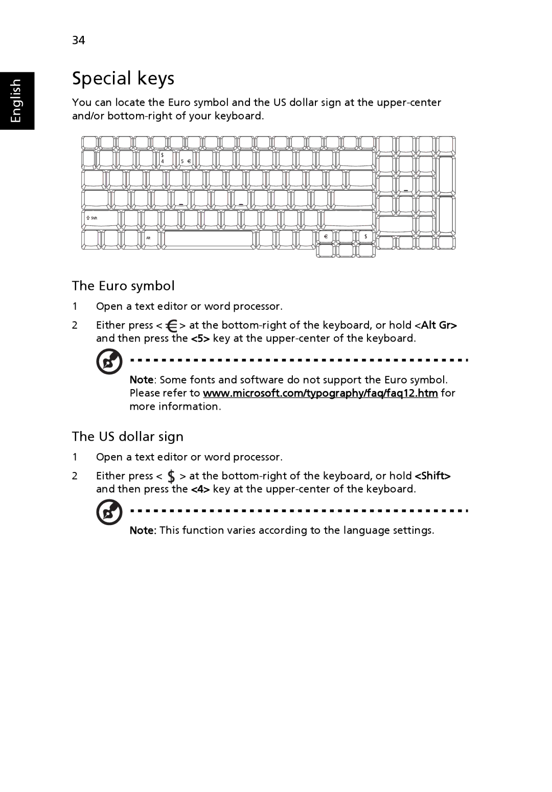 Acer 7510 manual Special keys, Euro symbol, US dollar sign 