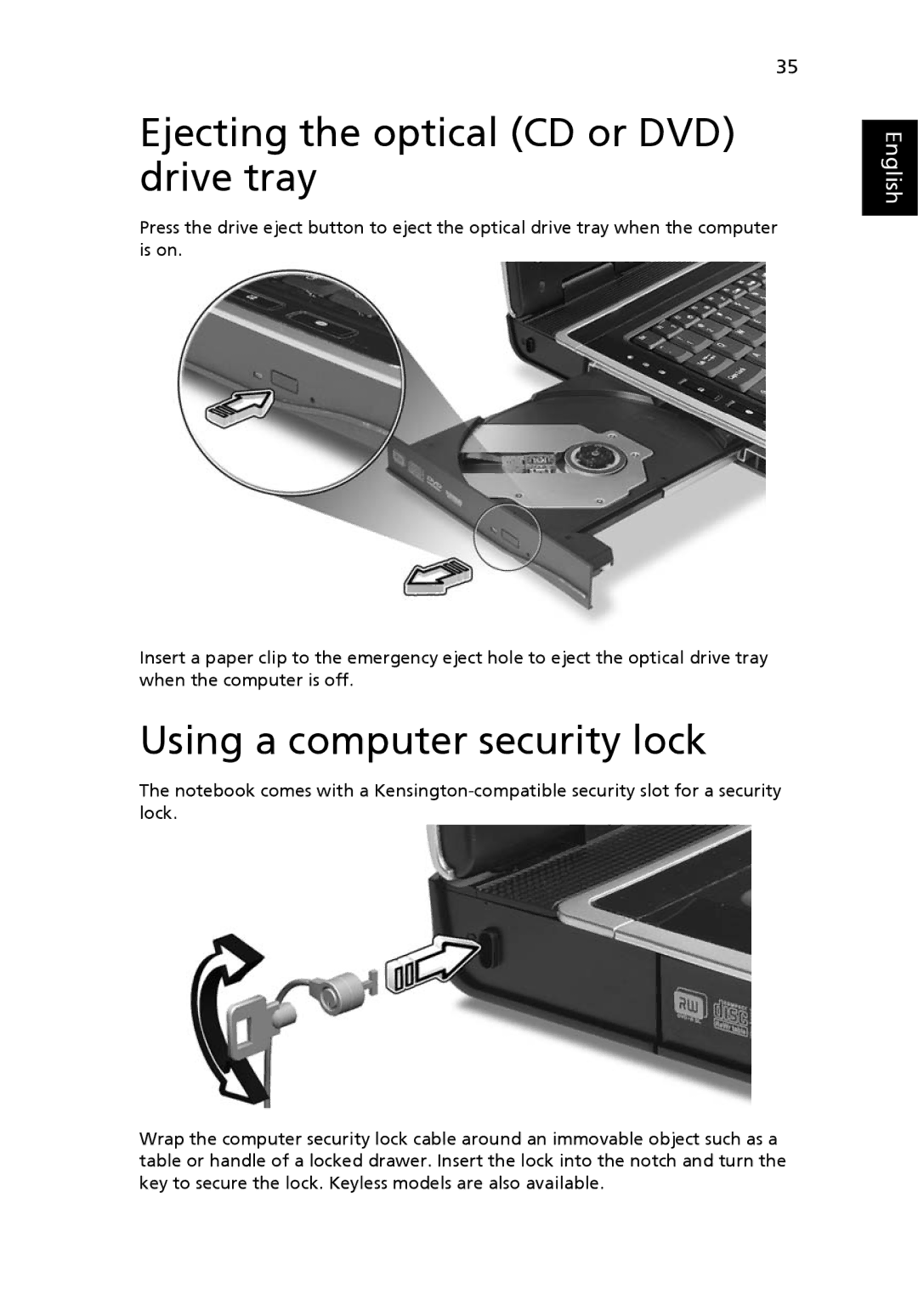 Acer 7510 manual Ejecting the optical CD or DVD drive tray, Using a computer security lock 