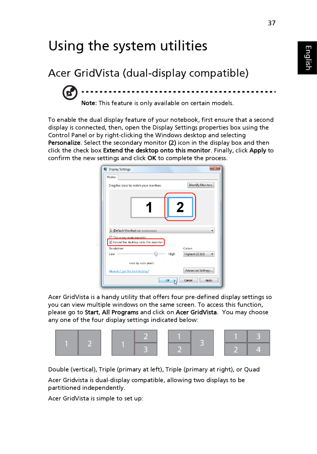 Acer 7510 manual Using the system utilities, Acer GridVista dual-display compatible 