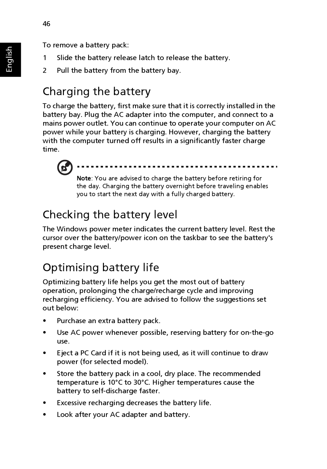 Acer 7510 manual Charging the battery, Checking the battery level, Optimising battery life 