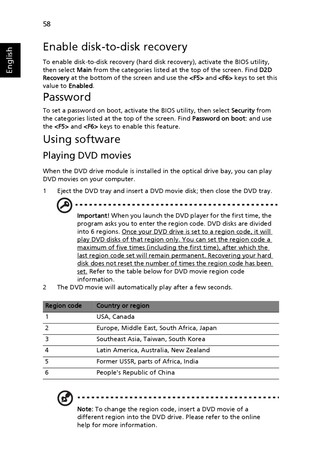 Acer 7510 manual Enable disk-to-disk recovery, Password, Using software, Playing DVD movies, Region code Country or region 