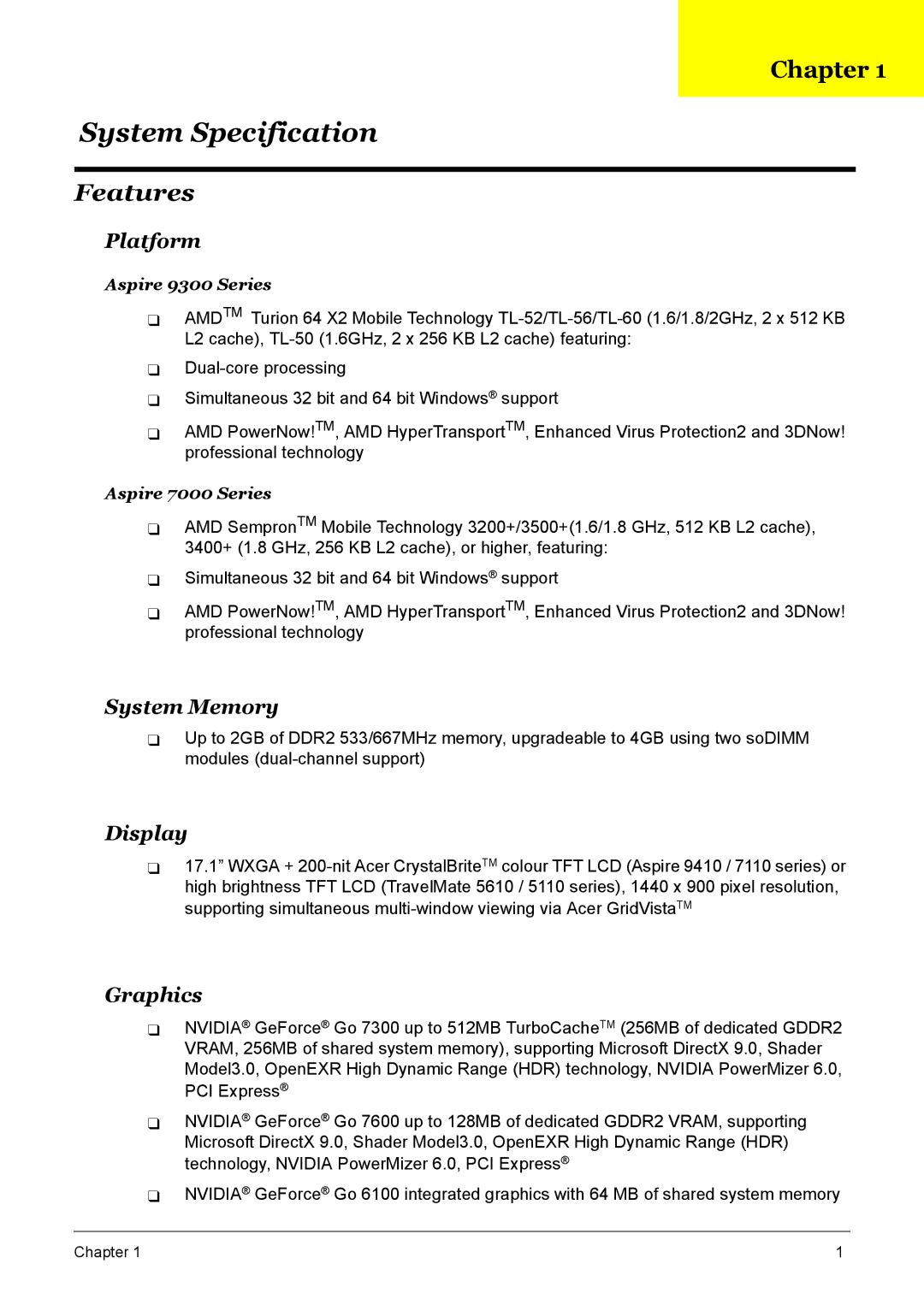 Acer 7510 manual Chapter, Features 