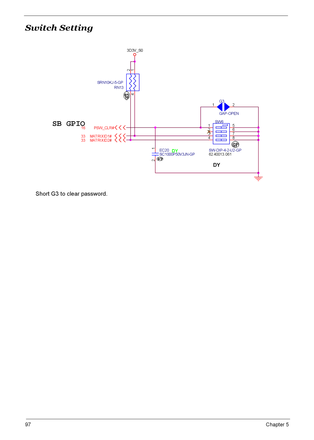 Acer 7510 manual Switch Setting, Short G3 to clear password 