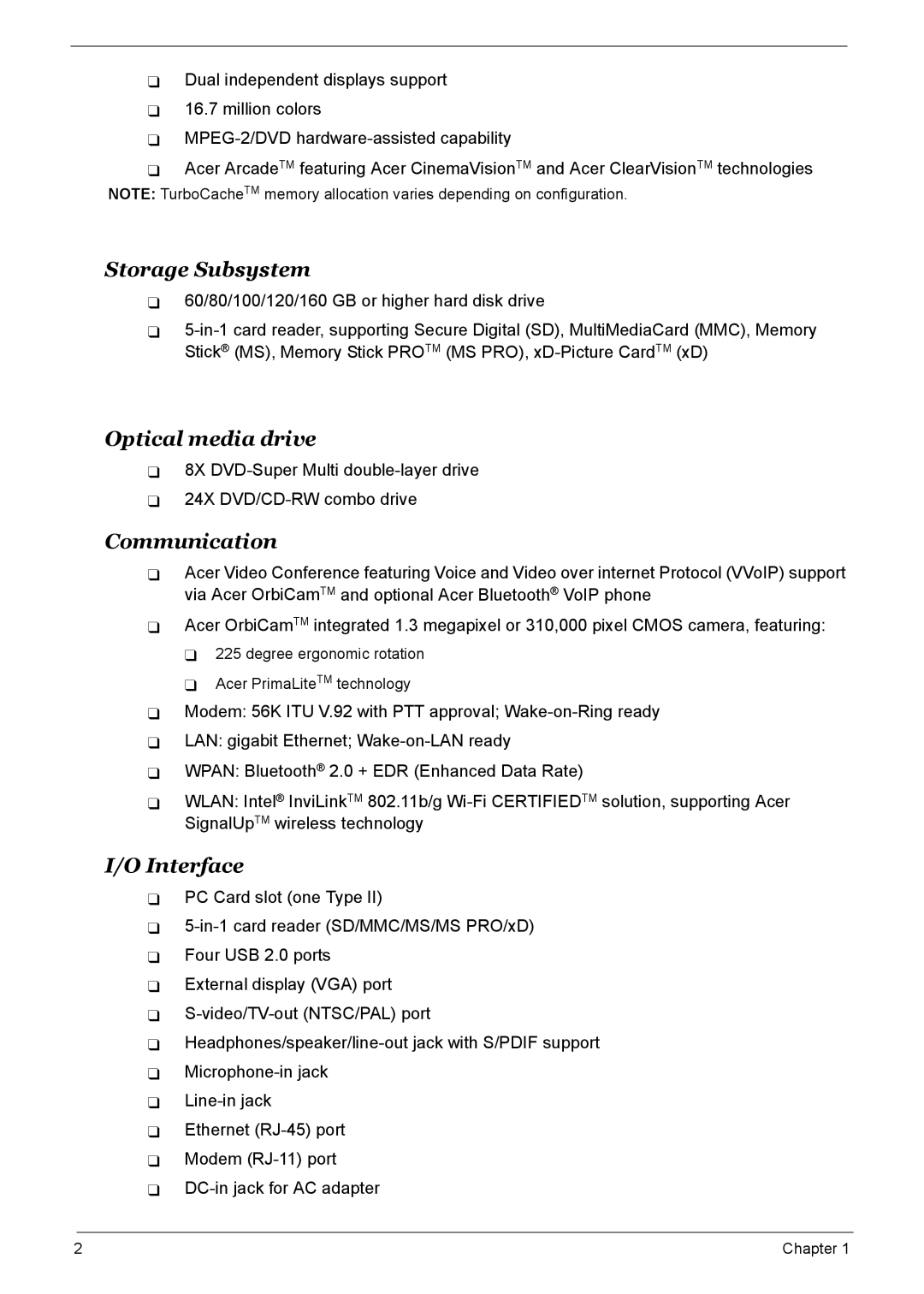 Acer 7510 manual Storage Subsystem, Optical media drive, Communication, Interface 